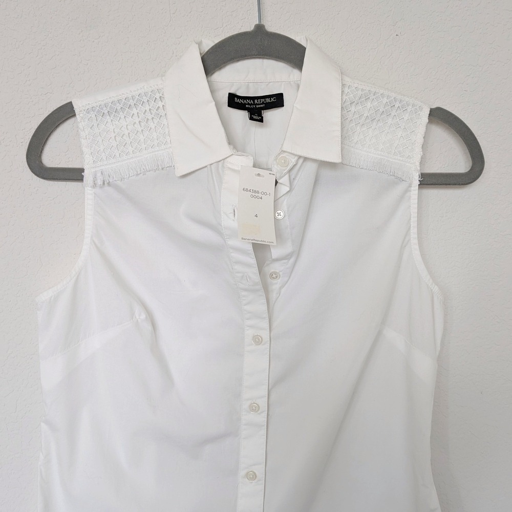 Banana Republic Riley Shirt Blouse Womens 4 White Sleeveless Crochet Lace Fringe - Picture 5 of 7